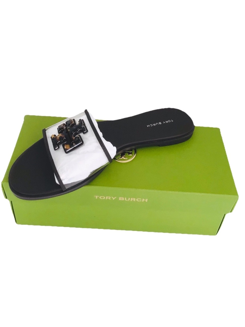 Tory Burch Everly Slide Sandals Translucent TPU Leather-Color Clear/Tortoise-NEW - Picture 2 of 13
